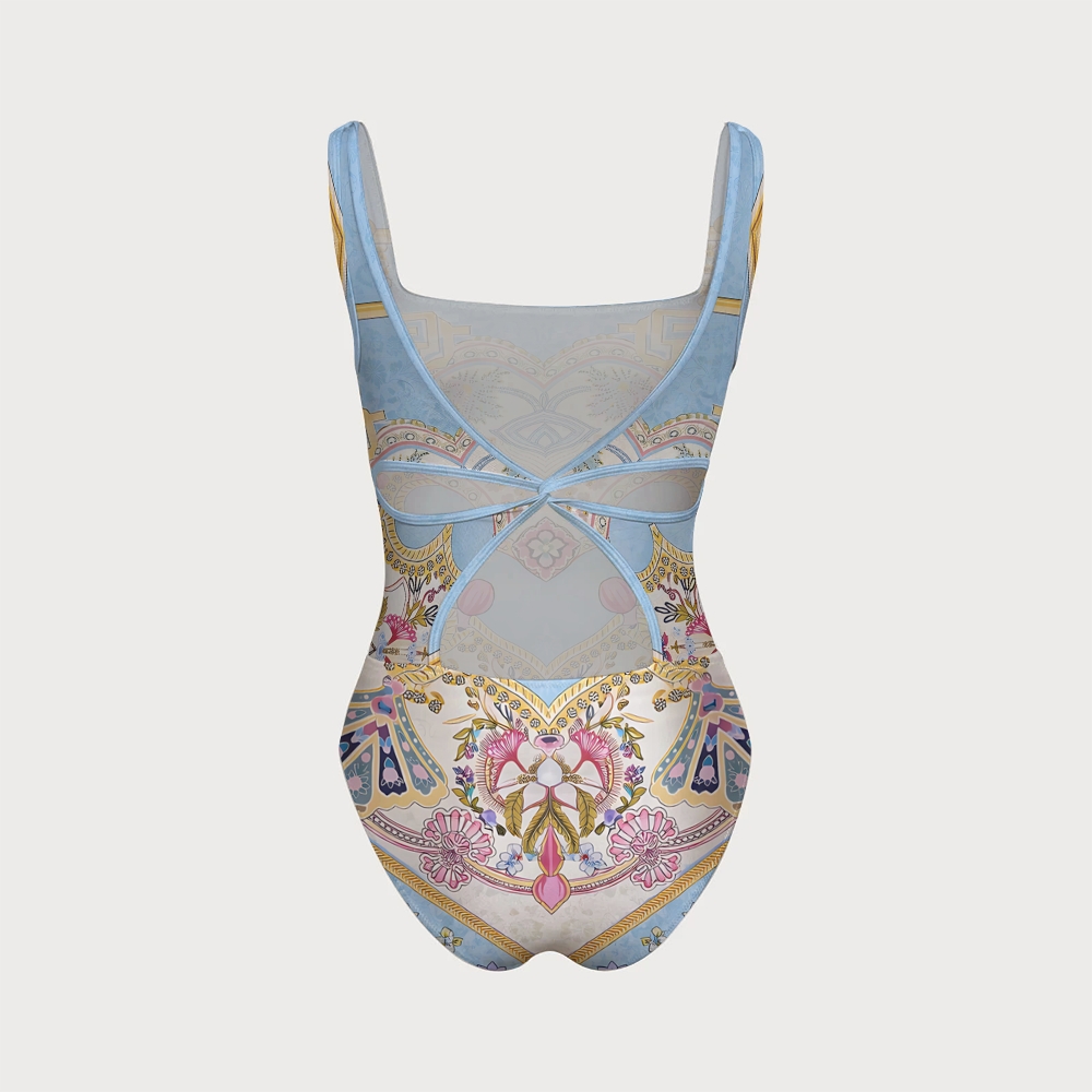 Symmetrical Jewel Floral One-piece With Back Mesh Knot