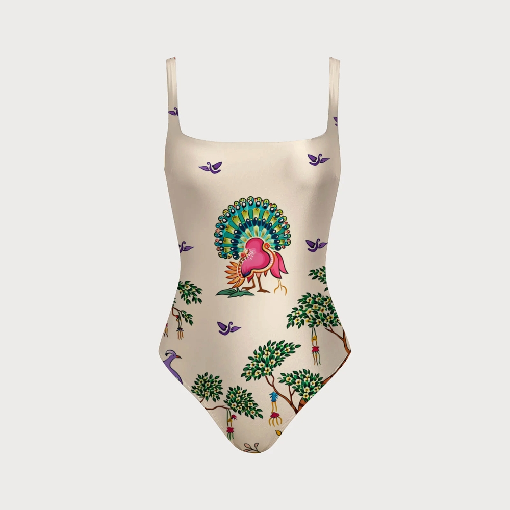 Women's Peacock & Tree One-piece With Back Mesh Knot