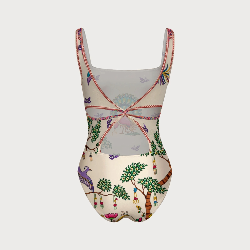 Women's Peacock & Tree One-piece With Back Mesh Knot