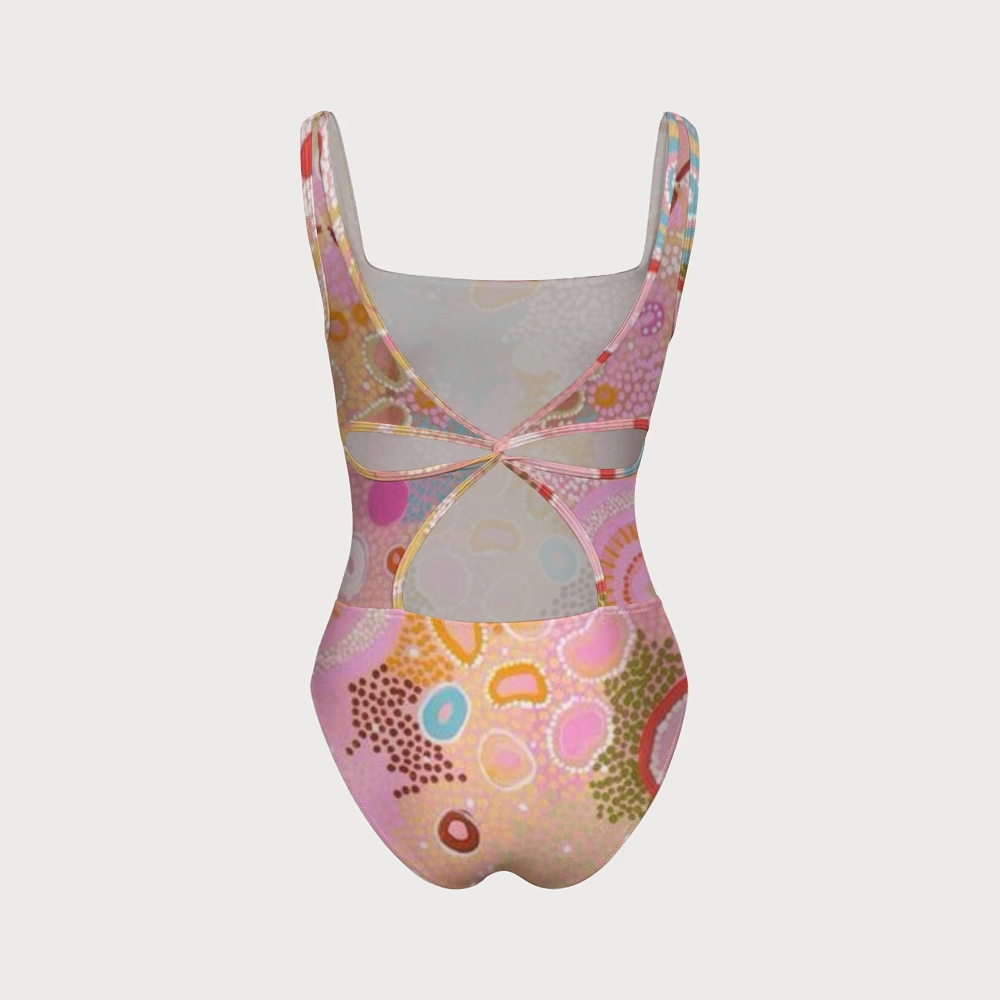 Textured Dot Circle One-piece With Back Mesh Knot