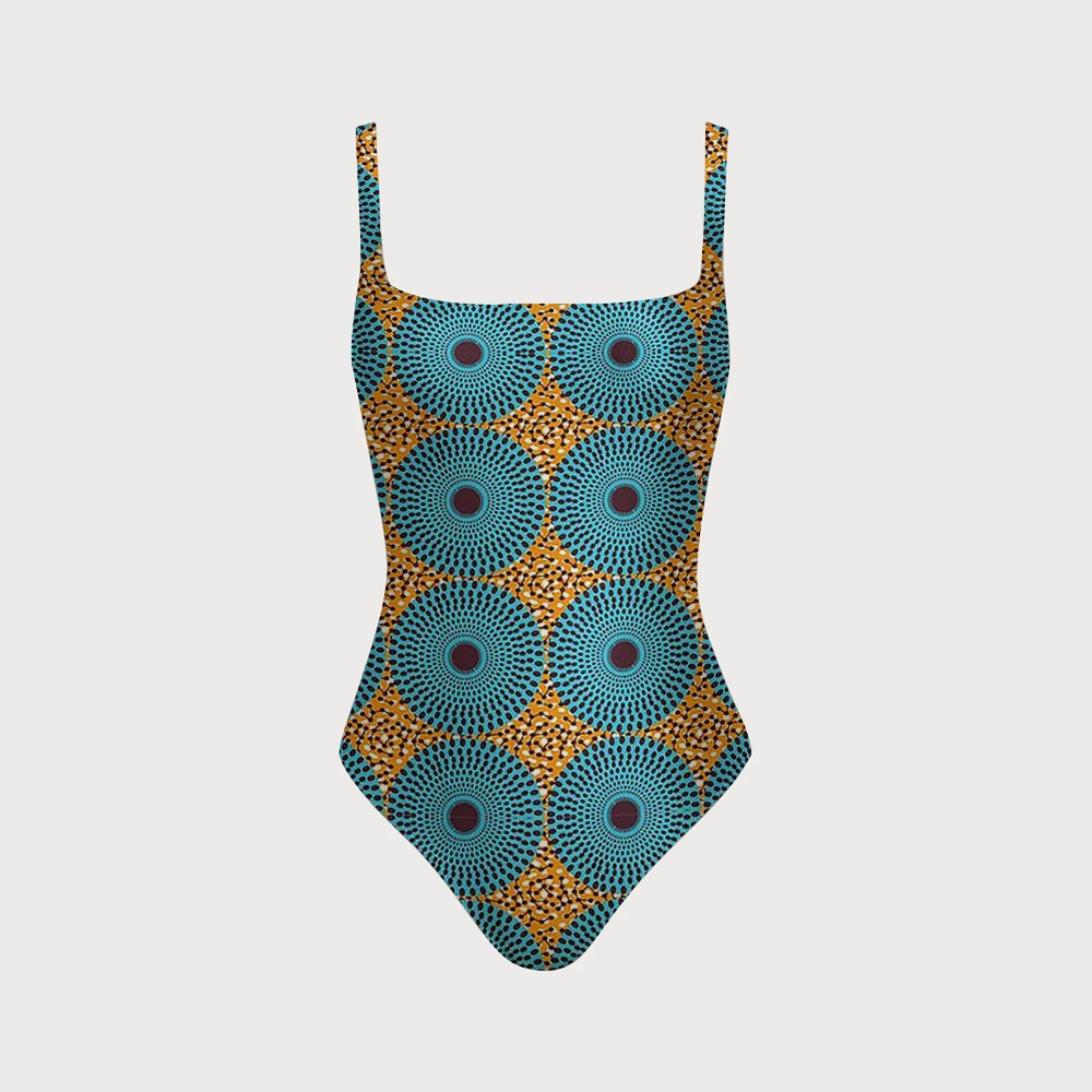 African Ankara Geometric Print Square Neck Twist Cutout One-Piece