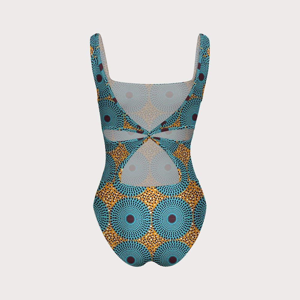 African Ankara Geometric Print Square Neck Twist Cutout One-Piece