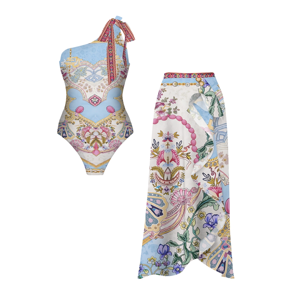 Symmetrical Jewel Floral One-Shoulder Swimsuit with Ruffle Hem Skirt