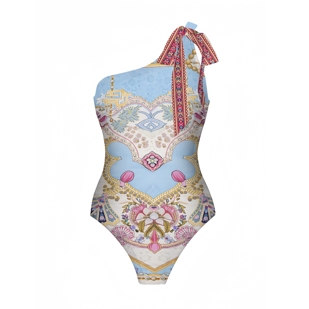 Symmetrical Jewel Floral One-Shoulder Swimsuit with Ruffle Hem Skirt
