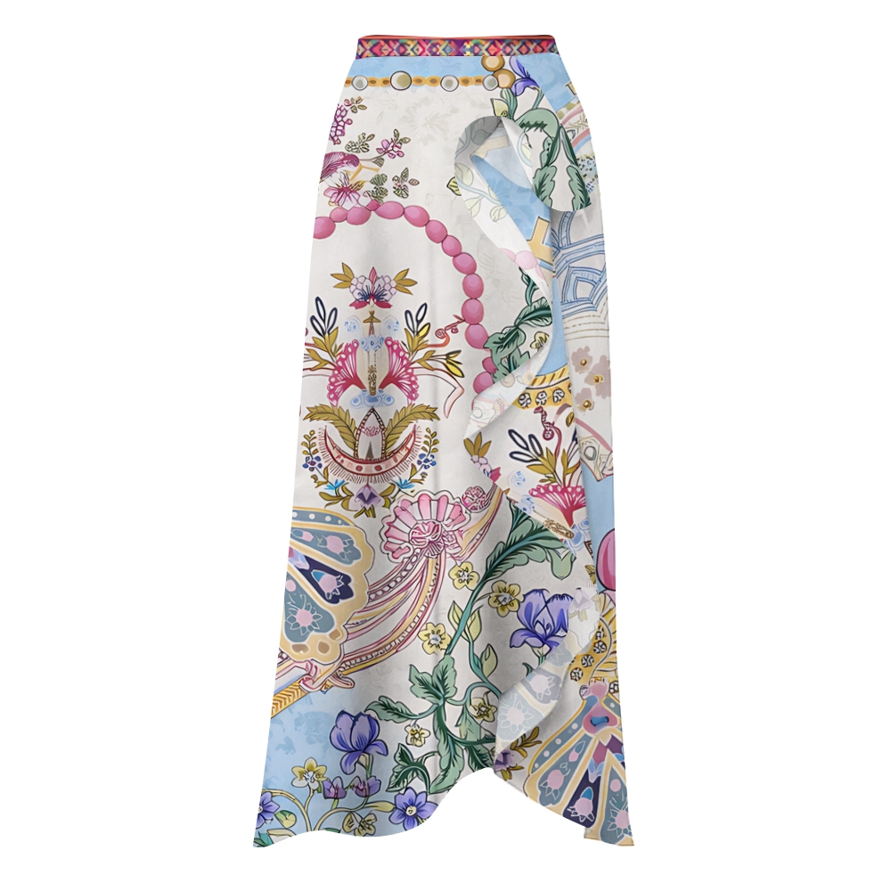 Symmetrical Jewel Floral One-Shoulder Swimsuit with Ruffle Hem Skirt