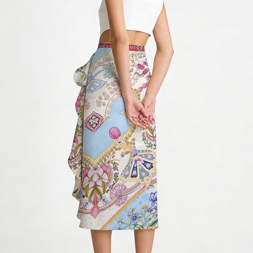 Symmetrical Jewel Floral One-Shoulder Swimsuit with Ruffle Hem Skirt