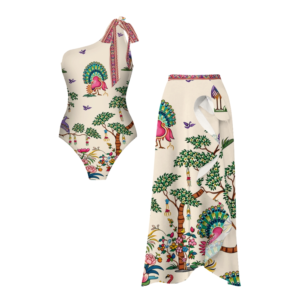 Peacock & Tree Print One-Shoulder Swimsuit with Ruffle Hem Skirt