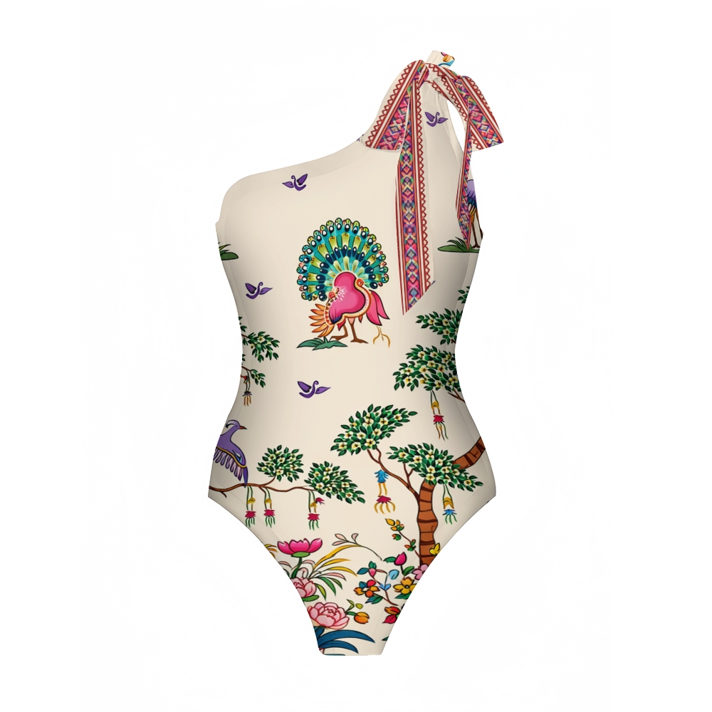 Peacock & Tree Print One-Shoulder Swimsuit with Ruffle Hem Skirt