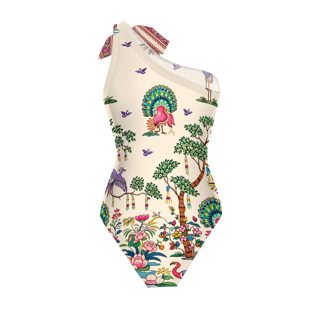 Peacock & Tree Print One-Shoulder Swimsuit with Ruffle Hem Skirt