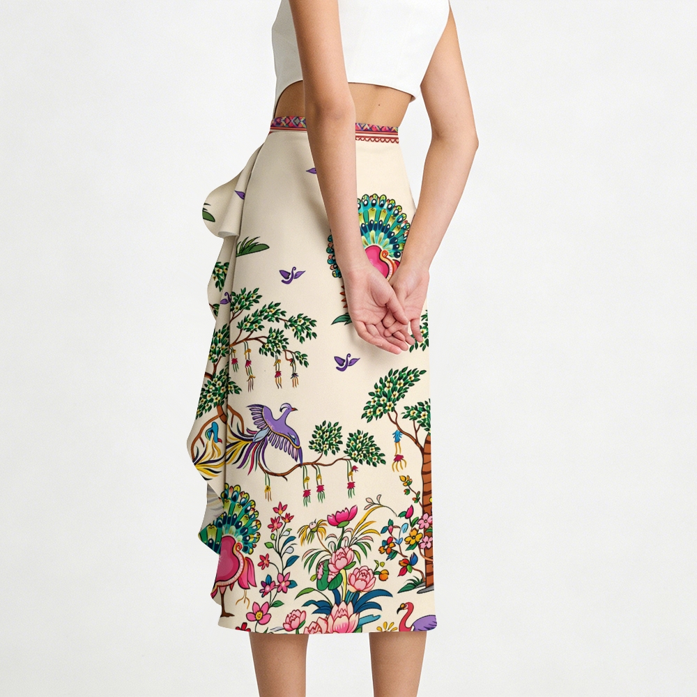 Peacock & Tree Print One-Shoulder Swimsuit with Ruffle Hem Skirt