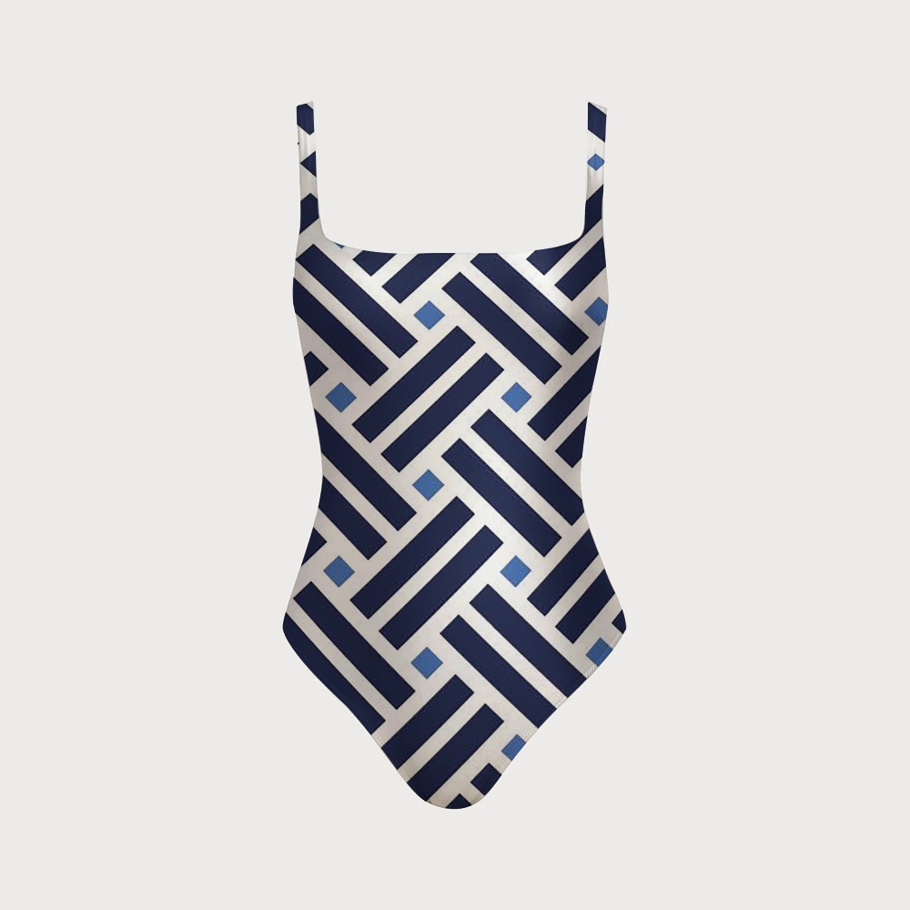 Modern Geometric Weave Print Square Neck Twist Cutout One-Piece