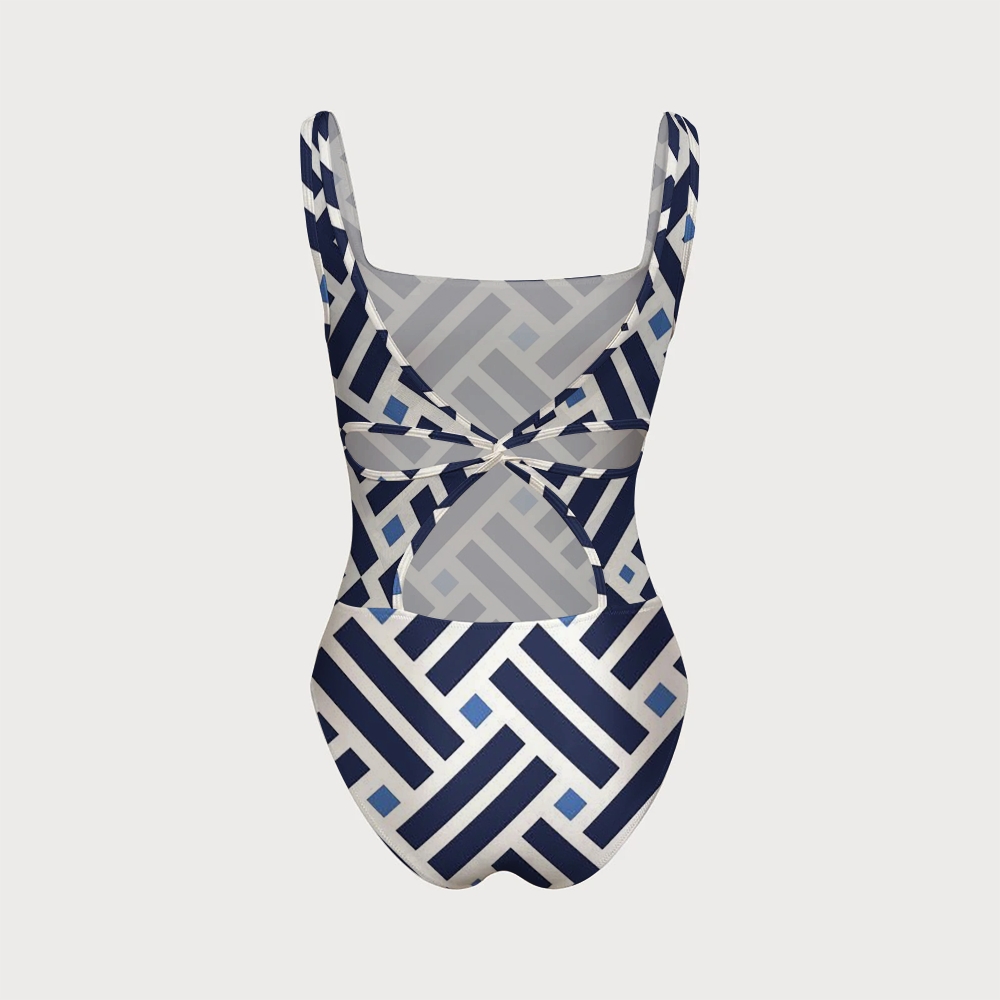 Modern Geometric Weave Print Square Neck Twist Cutout One-Piece