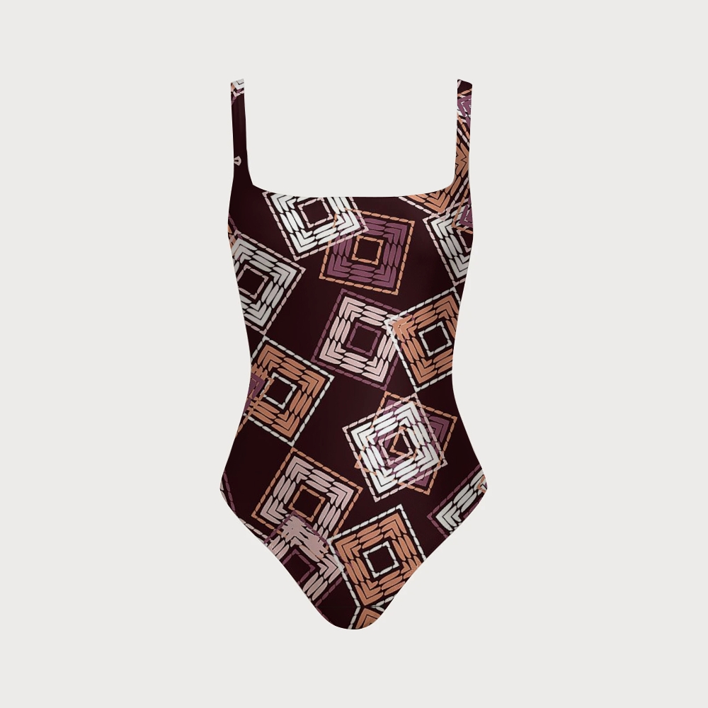 Bohemian Geometric Square Print Square Neck Twist Cutout One-Piece