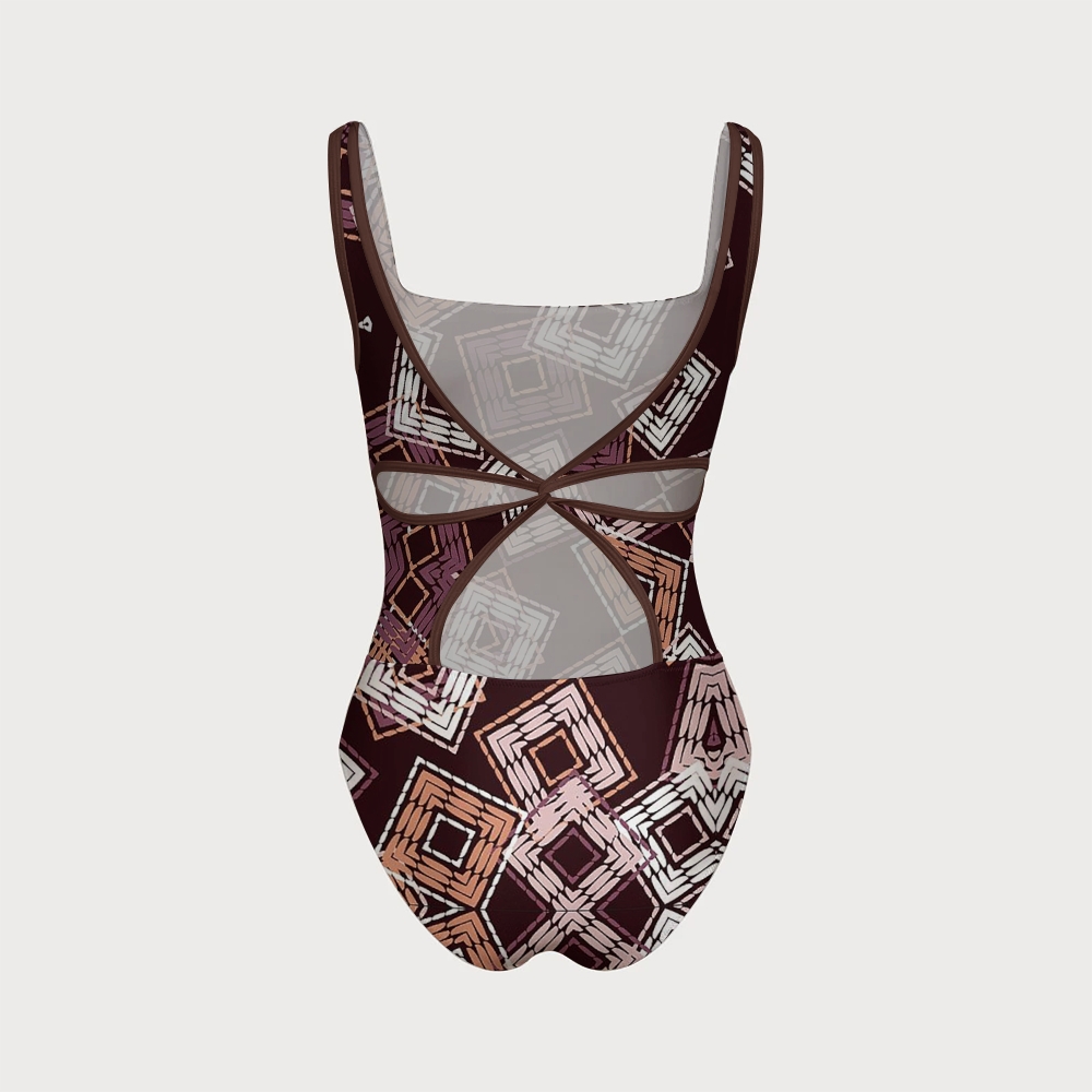 Bohemian Geometric Square Print Square Neck Twist Cutout One-Piece