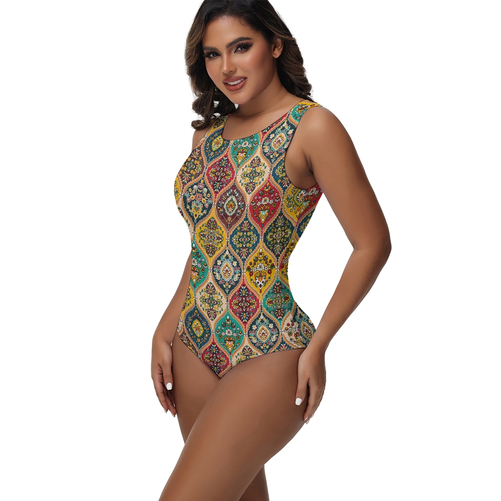 Persian Carpet Geometric Print Sleeveless Back Zip One-Piece