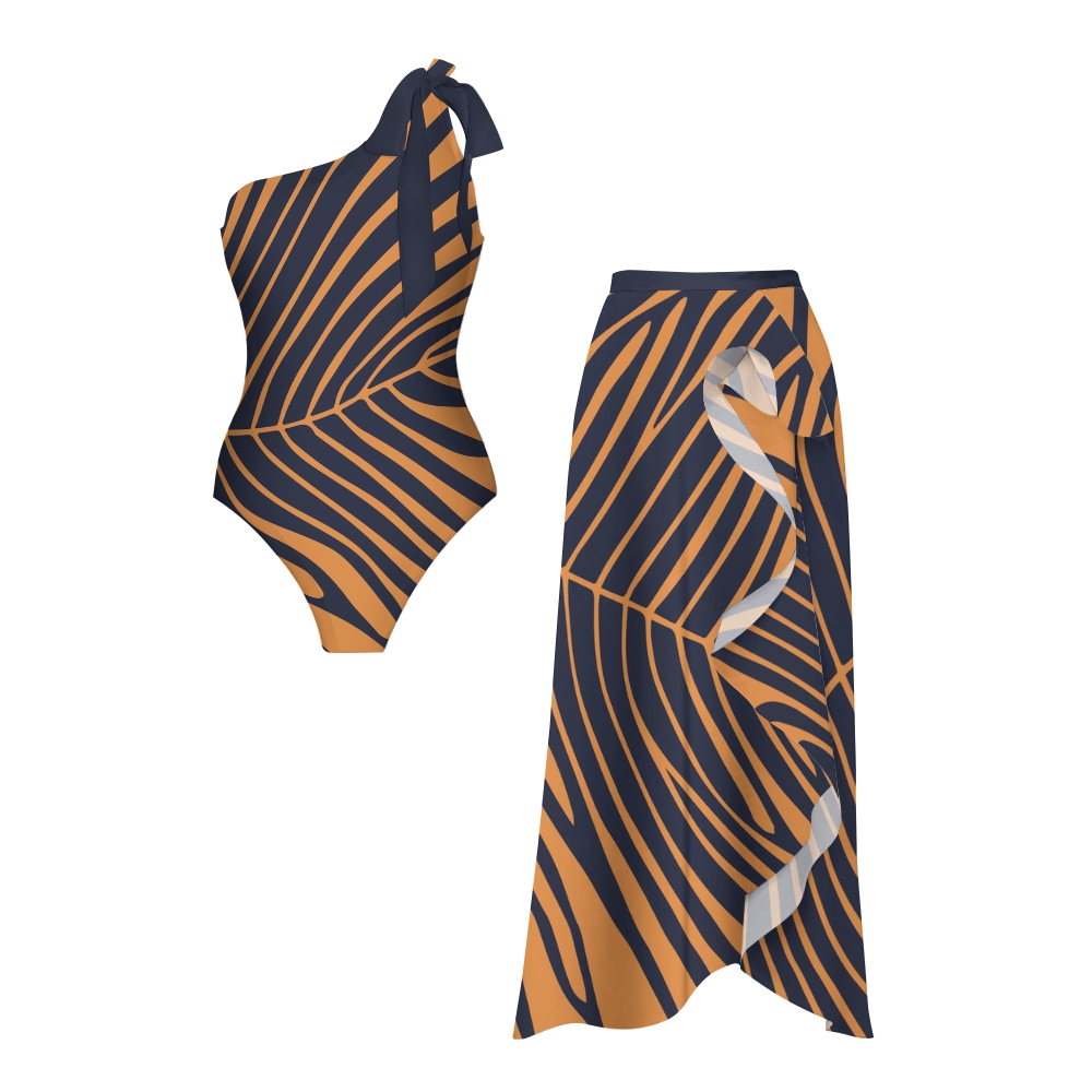 Palm Leaf One-Shoulder Swimsuit with Ruffle Hem Skirt Set