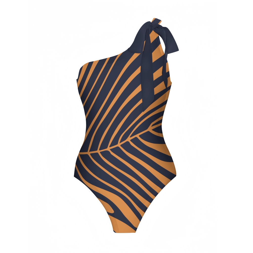 Palm Leaf One-Shoulder Swimsuit with Ruffle Hem Skirt Set