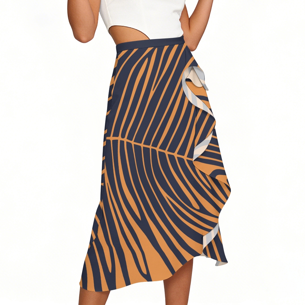 Palm Leaf One-Shoulder Swimsuit with Ruffle Hem Skirt Set