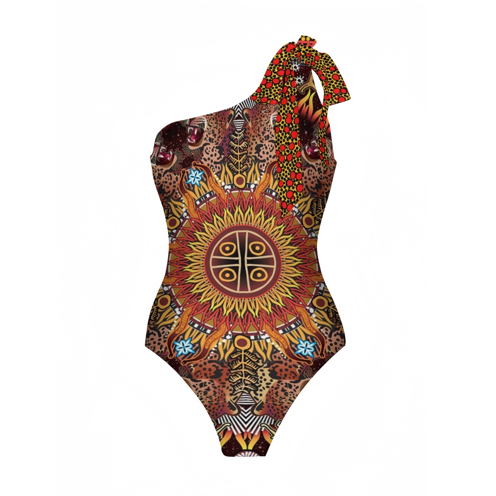 Tribal Leopard Sun One-Shoulder Swimsuit with Ruffle Hem Skirt