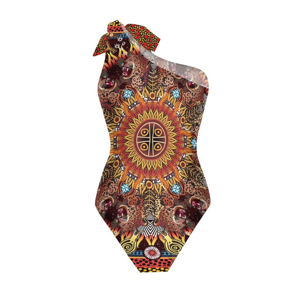Tribal Leopard Sun One-Shoulder Swimsuit with Ruffle Hem Skirt