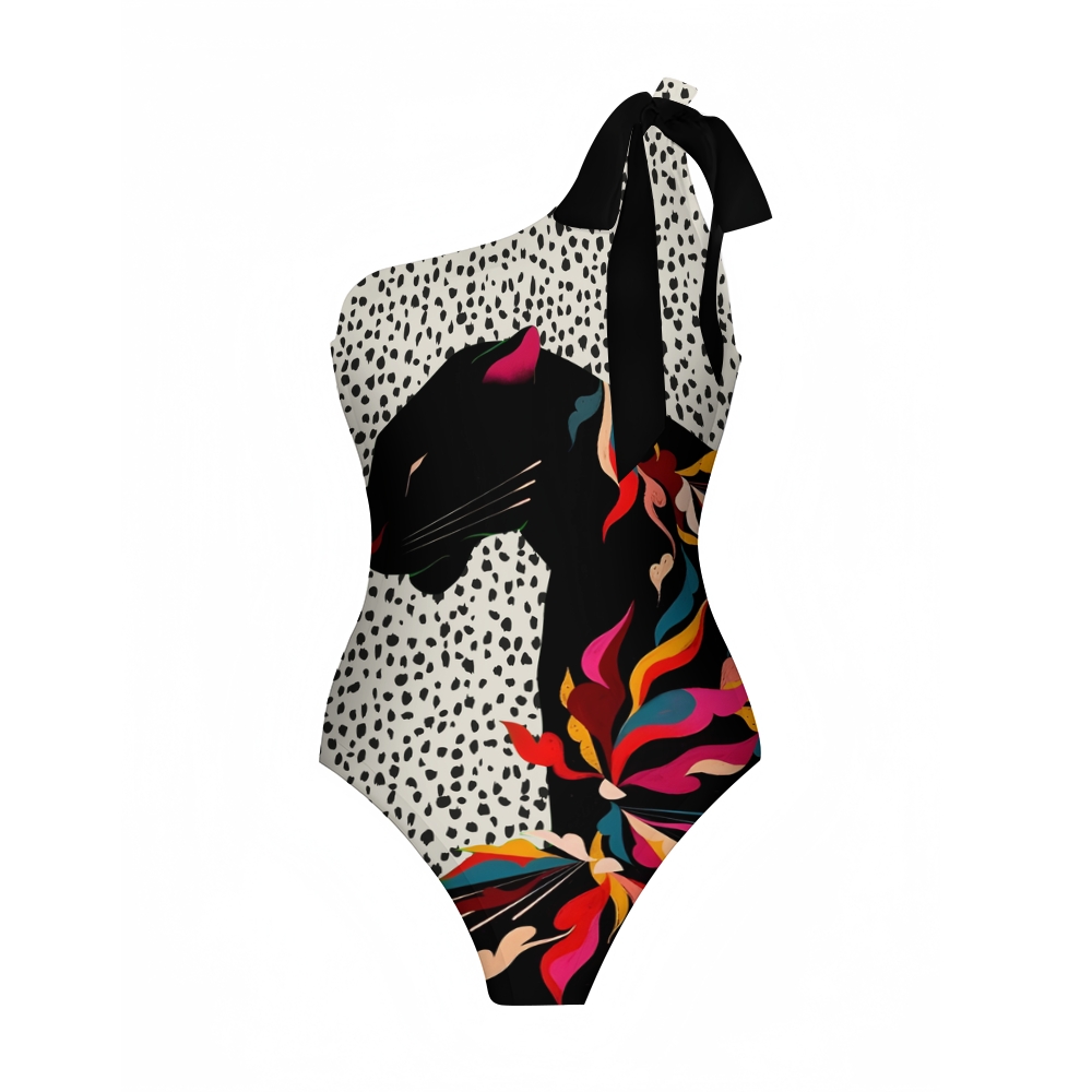 Dalmatian & Vibrant Panther One-Shoulder Swimsuit with Ruffle Hem Skirt