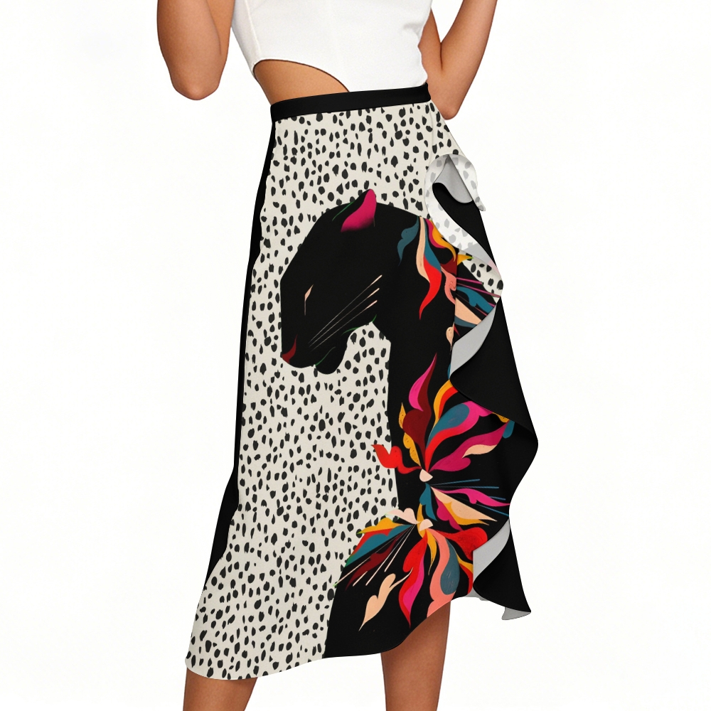Dalmatian & Vibrant Panther One-Shoulder Swimsuit with Ruffle Hem Skirt