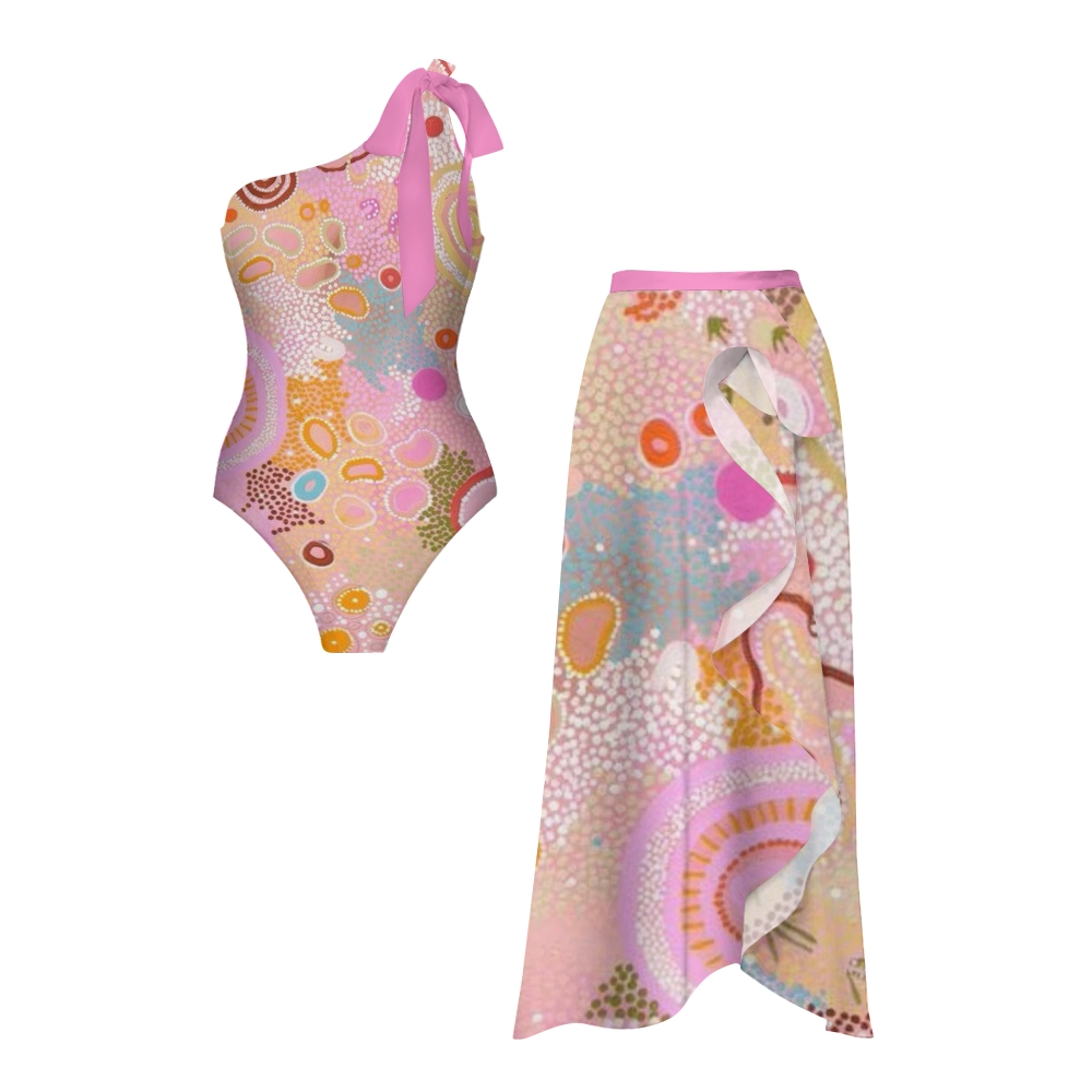 Colorful Dot One-Shoulder Swimsuit with Ruffle Hem Skirt