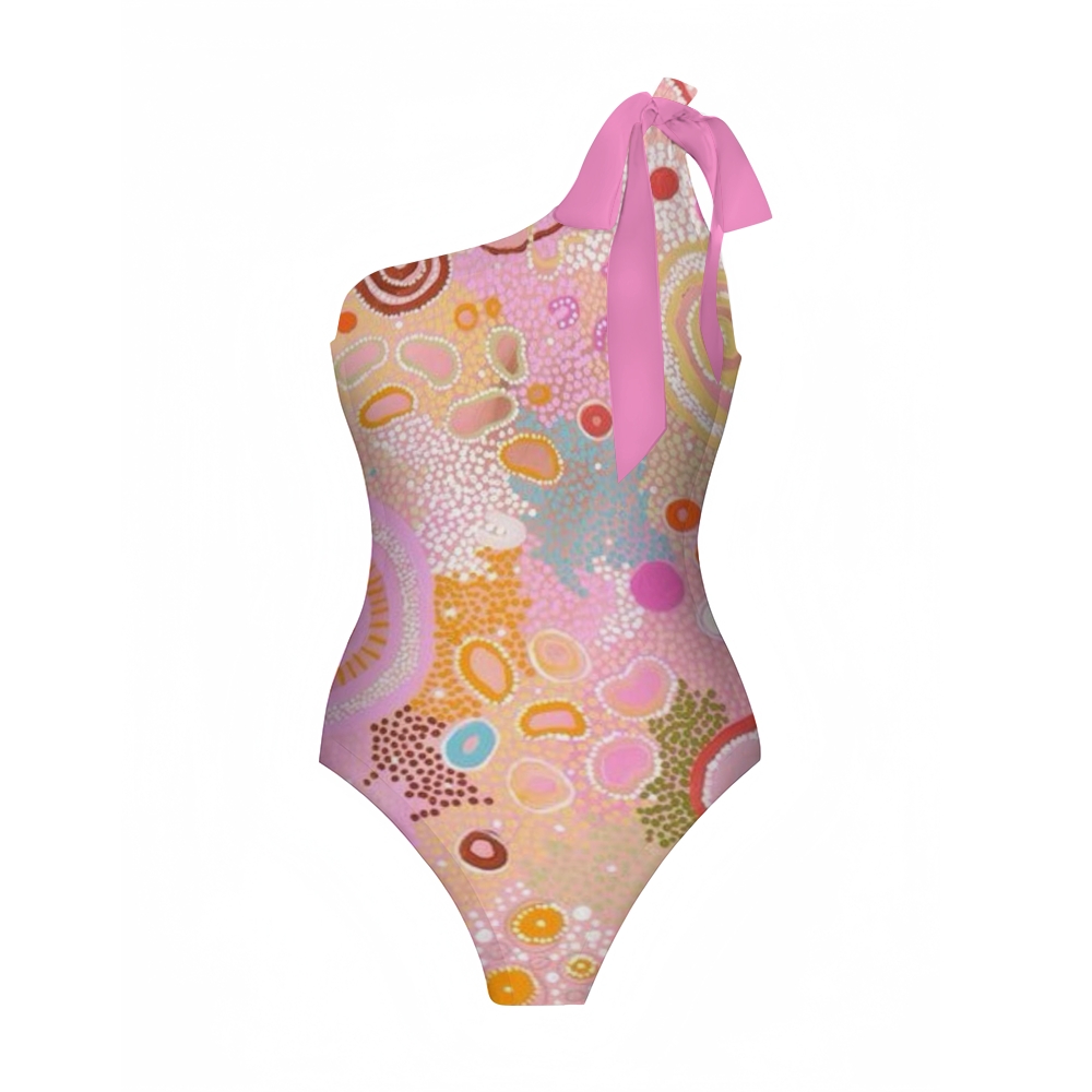 Colorful Dot One-Shoulder Swimsuit with Ruffle Hem Skirt