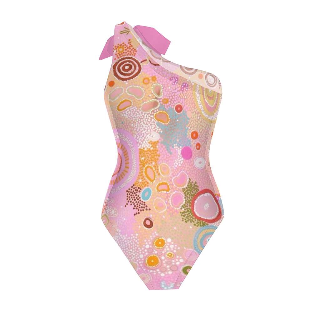 Colorful Dot One-Shoulder Swimsuit with Ruffle Hem Skirt