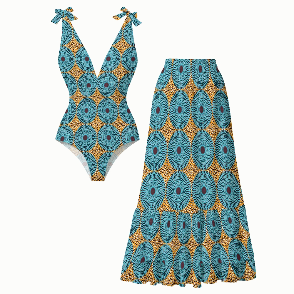 African Ankara Geometric Halter One-Piece Swimsuit with Matching Ruffle Skirt Set