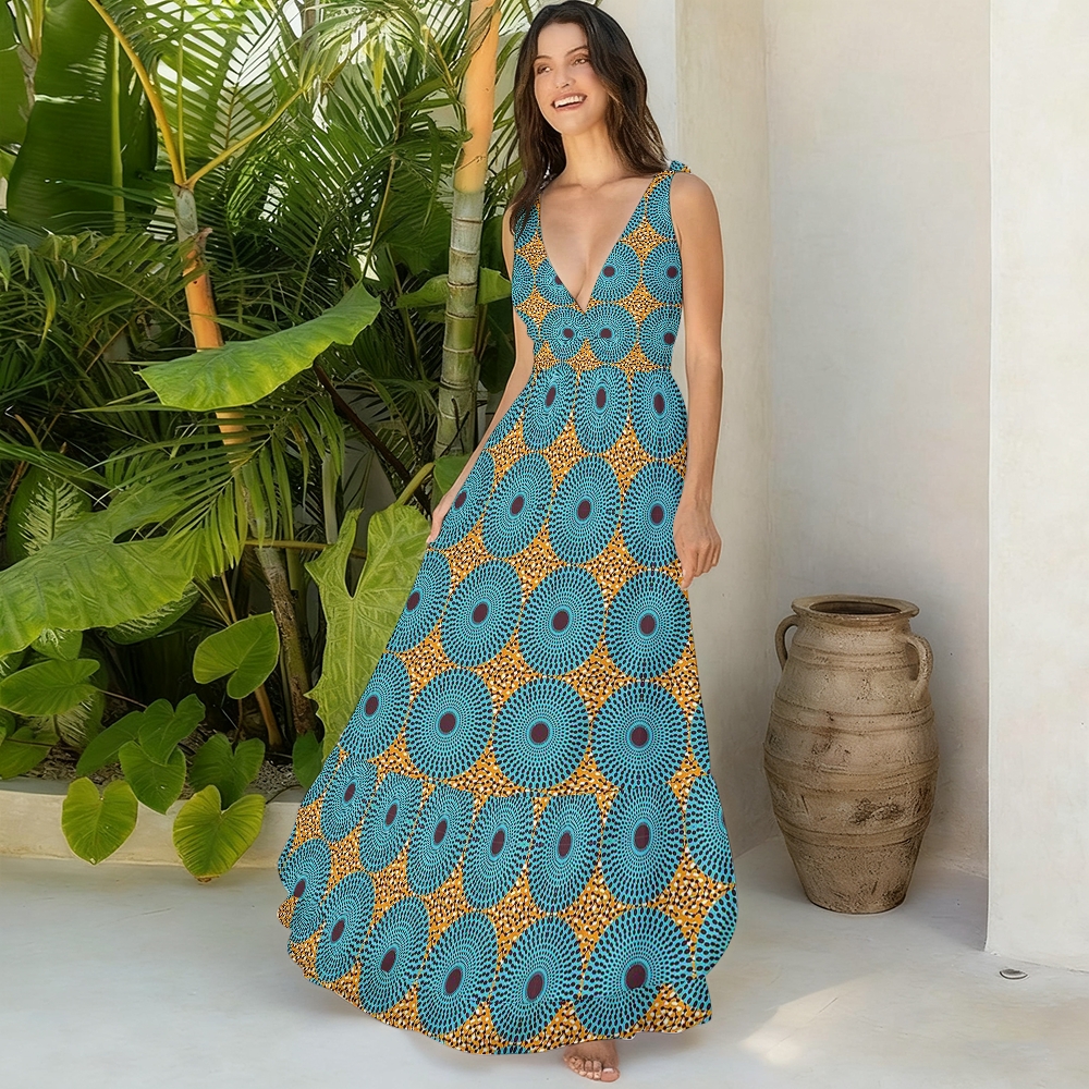 African Ankara Geometric Halter One-Piece Swimsuit with Matching Ruffle Skirt Set