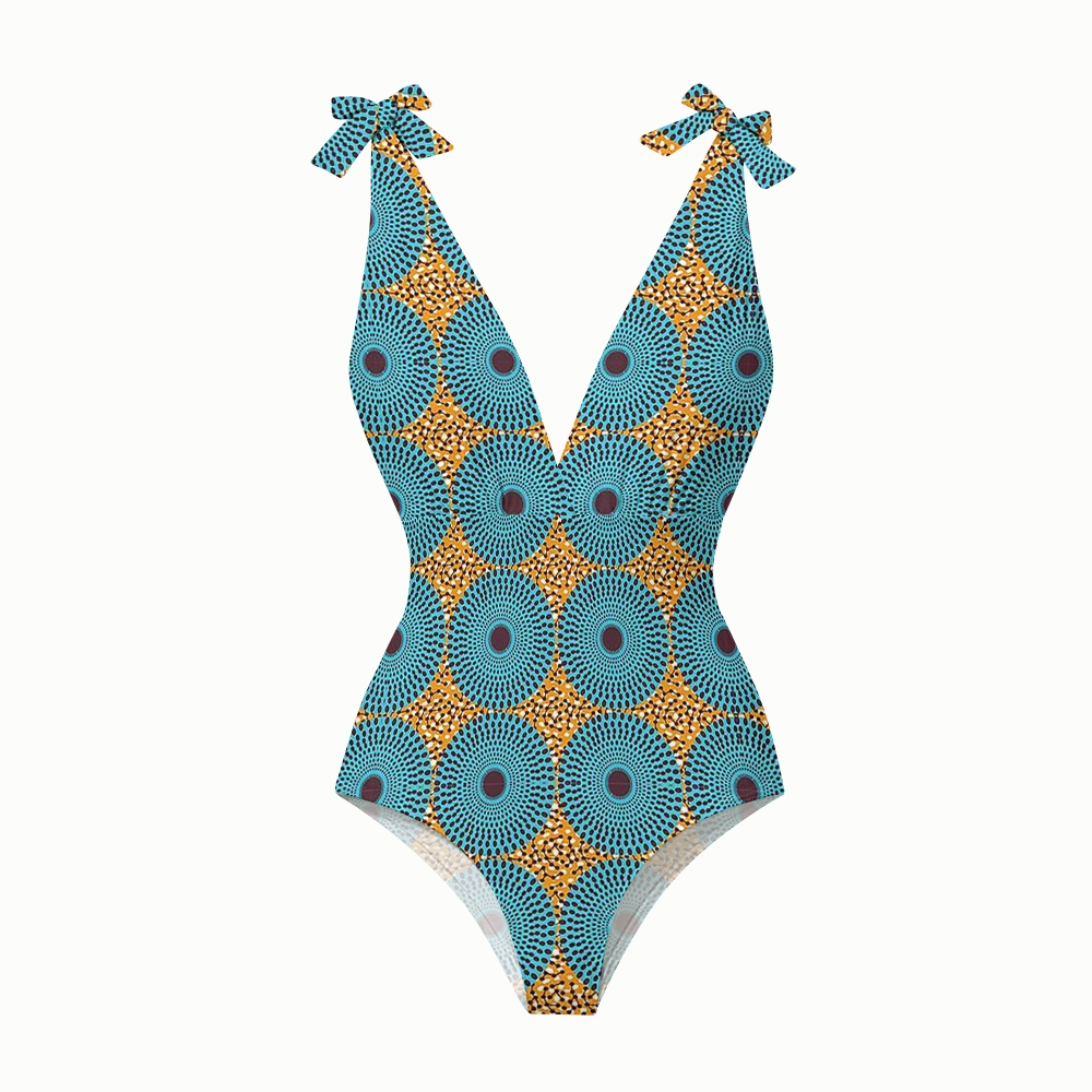 African Ankara Geometric Halter One-Piece Swimsuit with Matching Ruffle Skirt Set