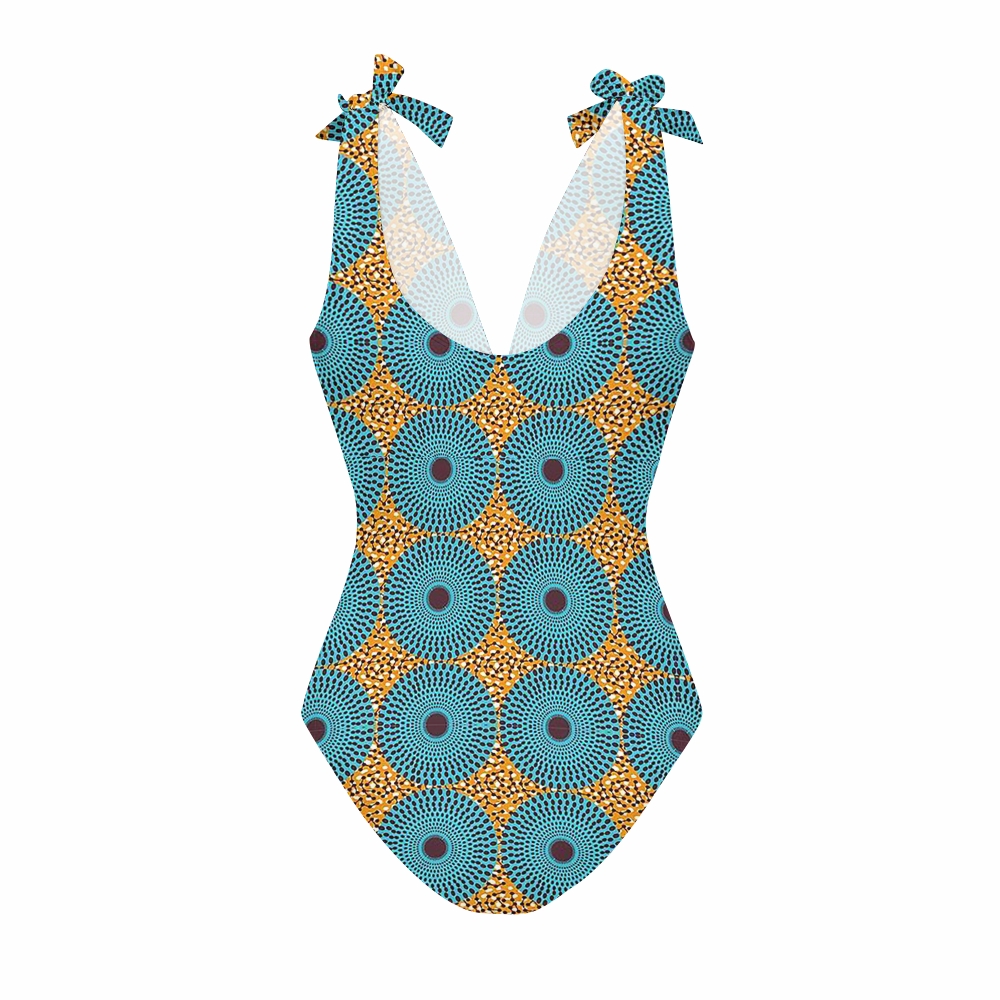 African Ankara Geometric Halter One-Piece Swimsuit with Matching Ruffle Skirt Set