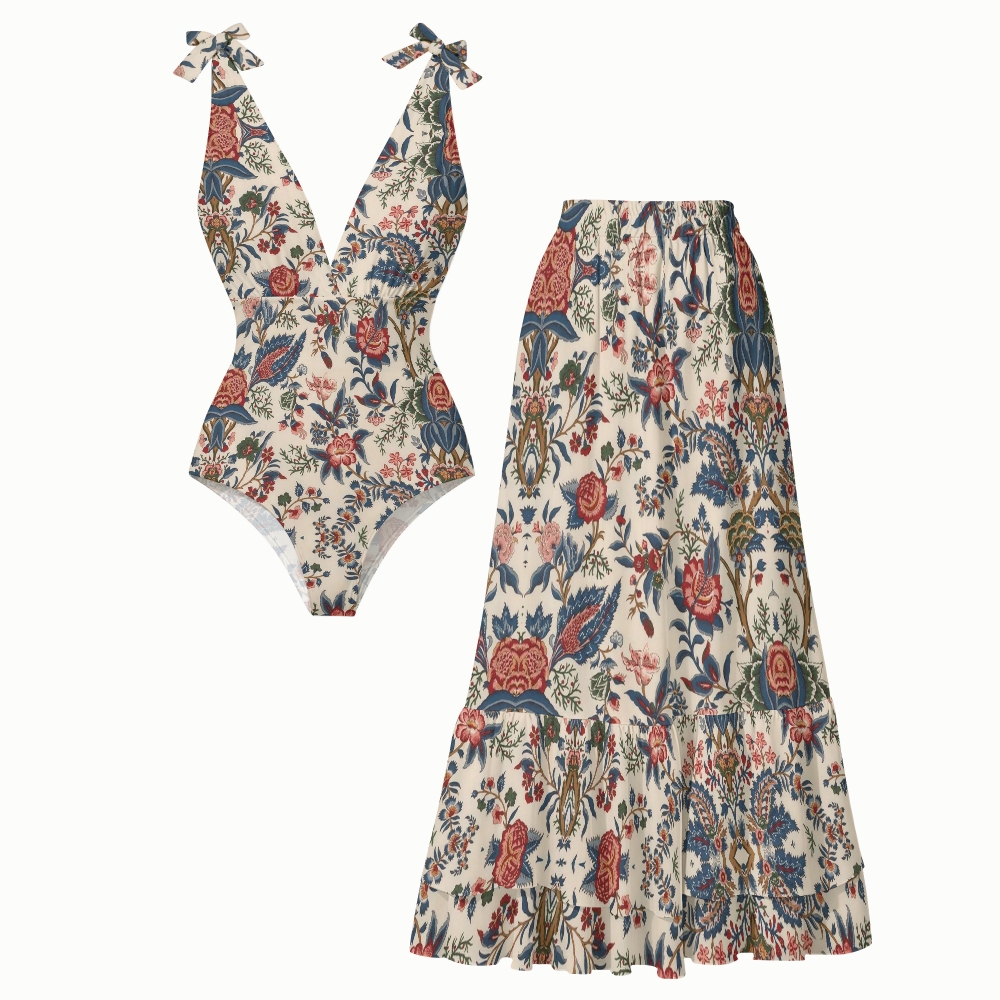Vintage Floral Vine Print Halter One-Piece Swimsuit with Matching Ruffle Skirt Set