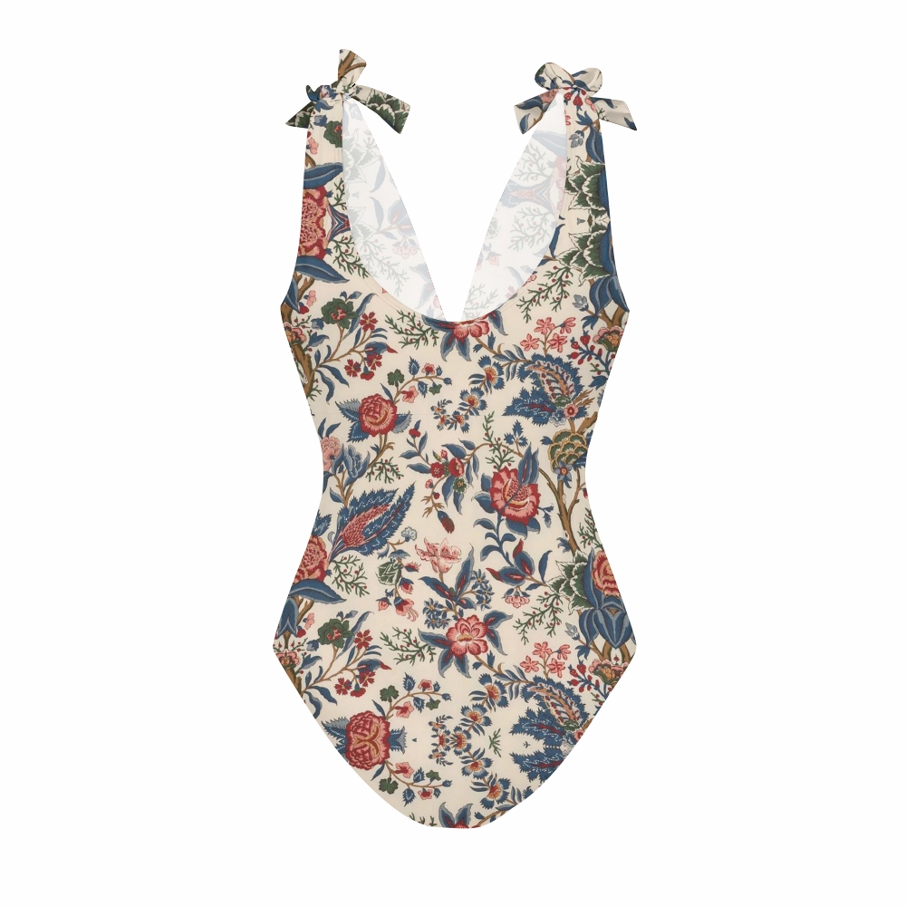 Vintage Floral Vine Print Halter One-Piece Swimsuit with Matching Ruffle Skirt Set
