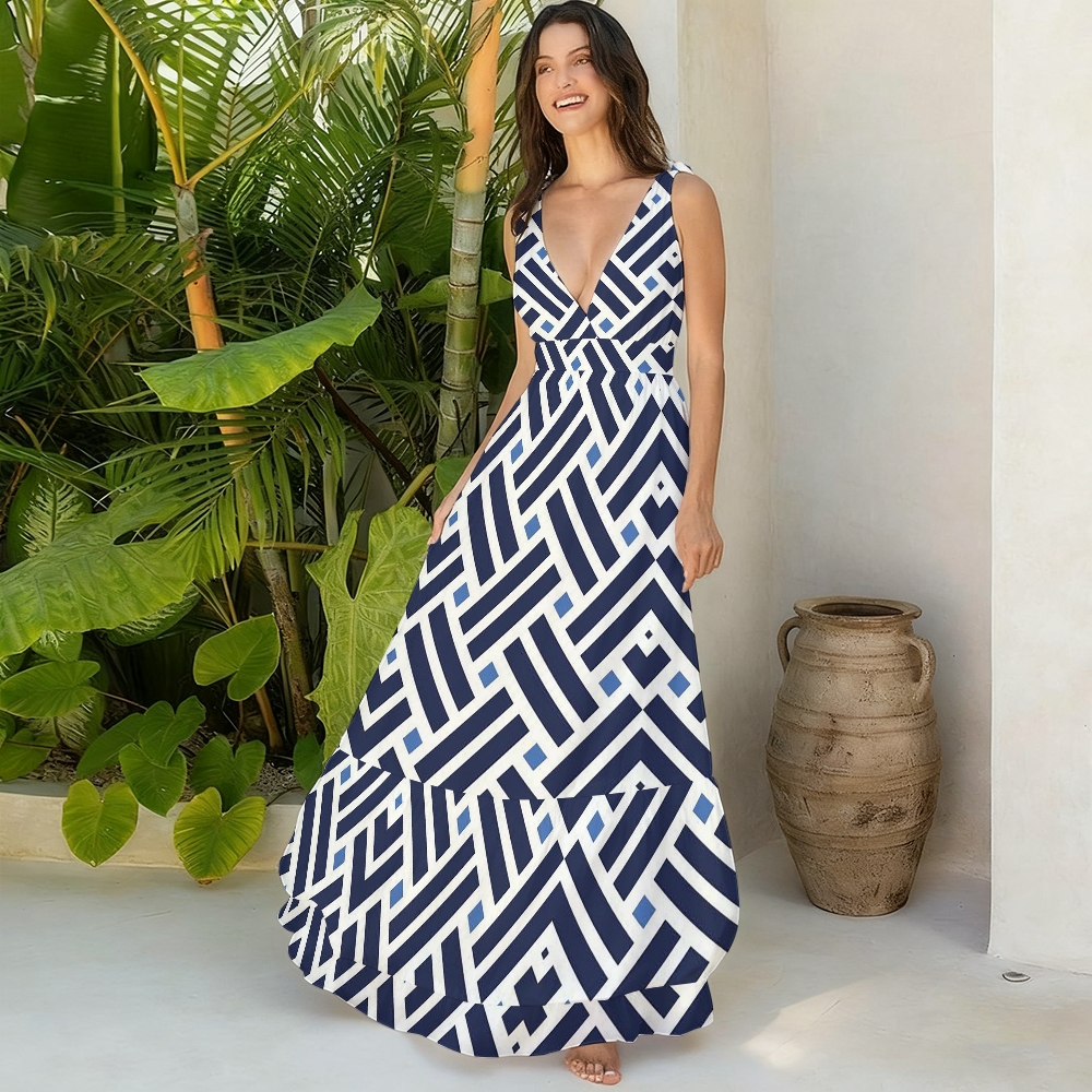 Modern Geometric Diamond Print Halter One-Piece Swimsuit with Matching Ruffle Skirt Set