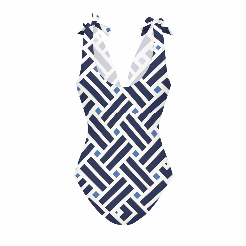 Modern Geometric Diamond Print Halter One-Piece Swimsuit with Matching Ruffle Skirt Set