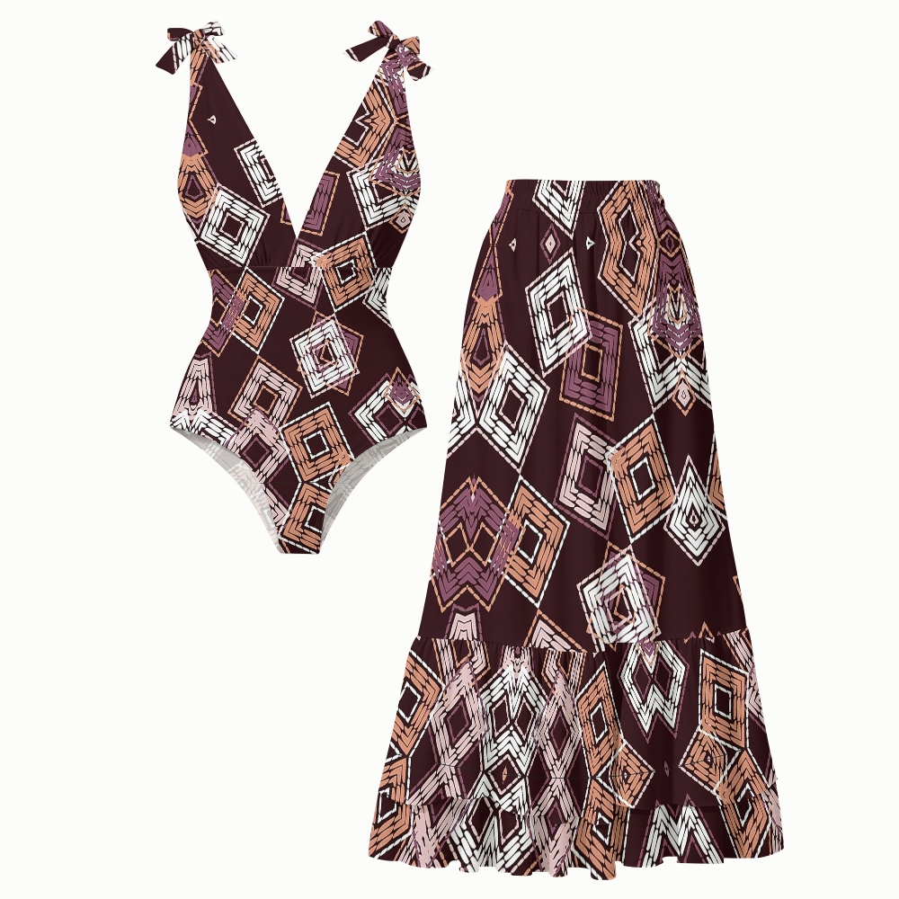 Bohemian Geometric Print Halter One-Piece Swimsuit with Matching Ruffle Skirt Set