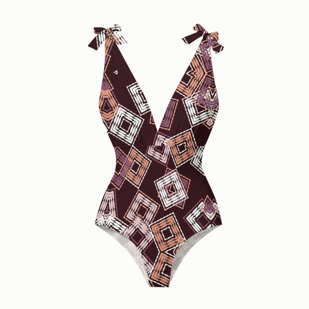 Bohemian Geometric Print Halter One-Piece Swimsuit with Matching Ruffle Skirt Set
