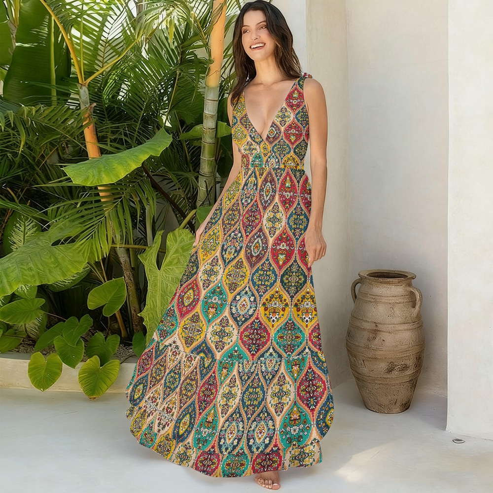 Persian Vintage Pattern Halter One-Piece Swimsuit with Matching Ruffle Skirt Set