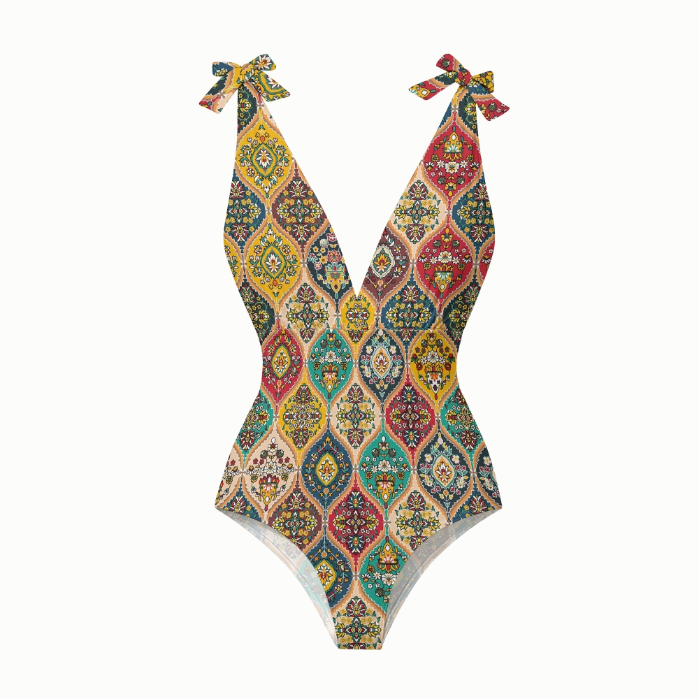 Persian Vintage Pattern Halter One-Piece Swimsuit with Matching Ruffle Skirt Set