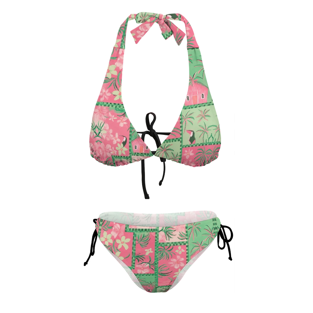Tropical Toucan Floral Print Halter Triangle Bikini