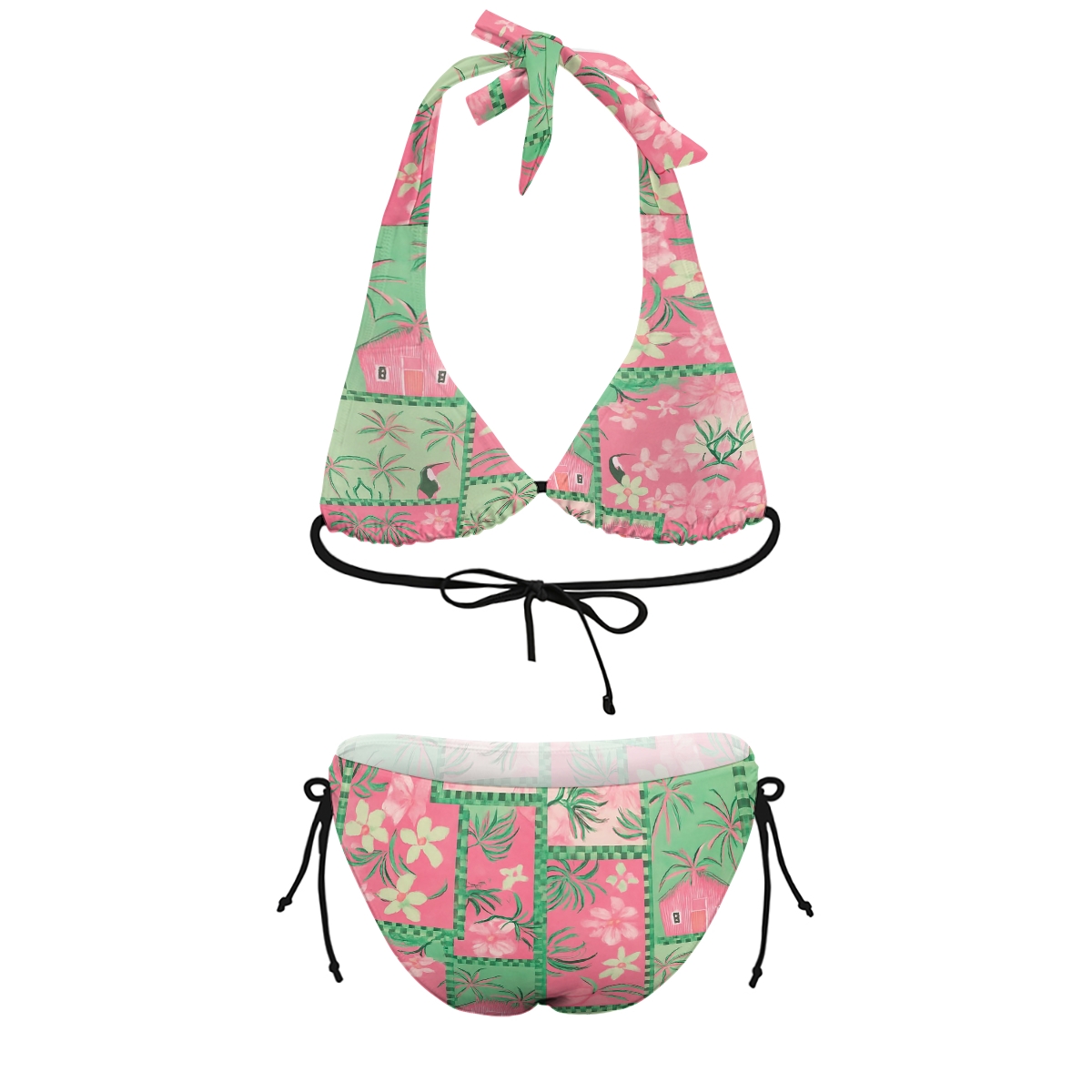 Tropical Toucan Floral Print Halter Triangle Bikini