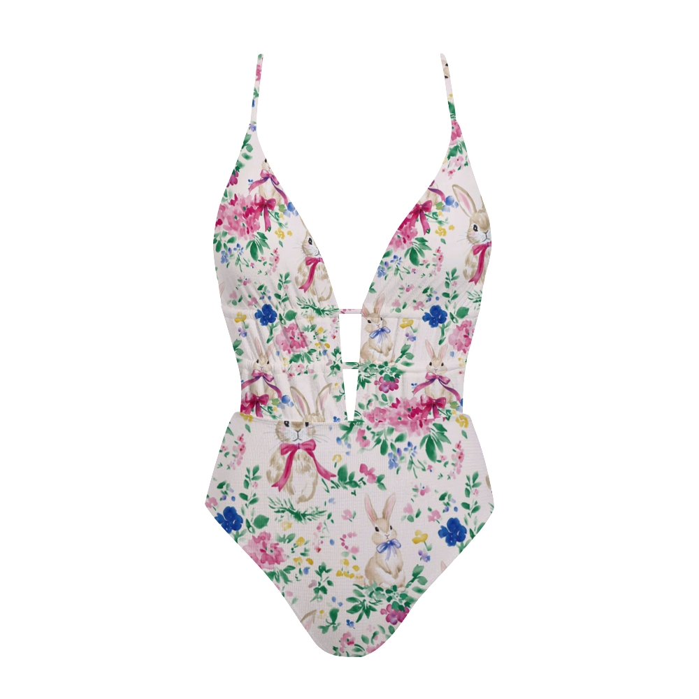 Easter Bunny Garden Print Plunge One-Piece Swimsuit