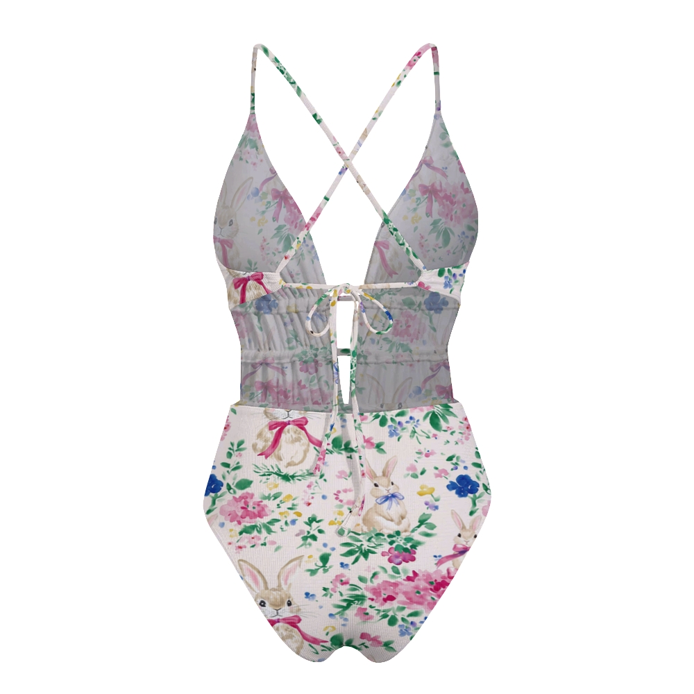 Easter Bunny Garden Print Plunge One-Piece Swimsuit
