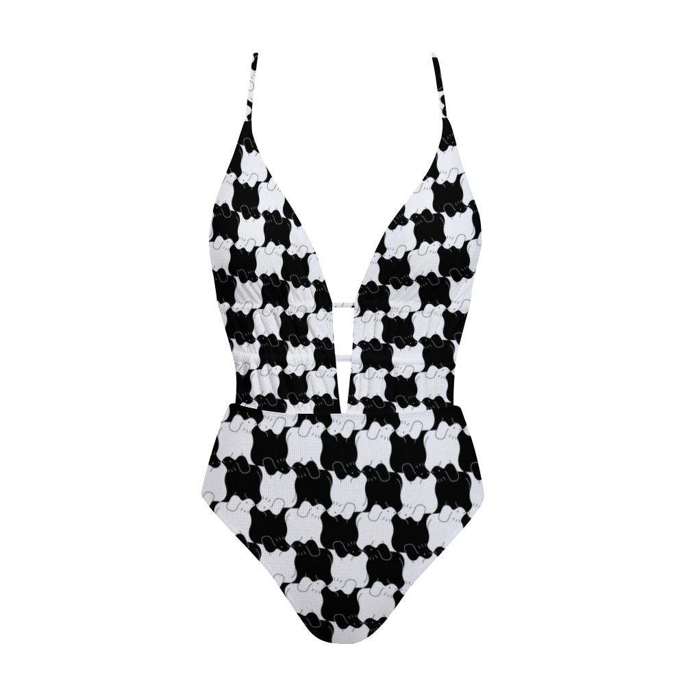 Checkerboard Print Plunge One-Piece Swimsuit