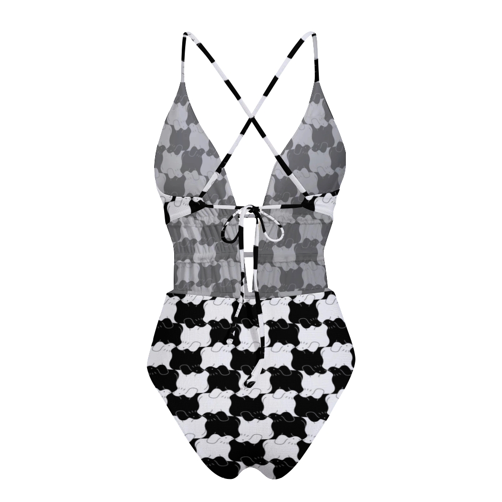 Checkerboard Print Plunge One-Piece Swimsuit