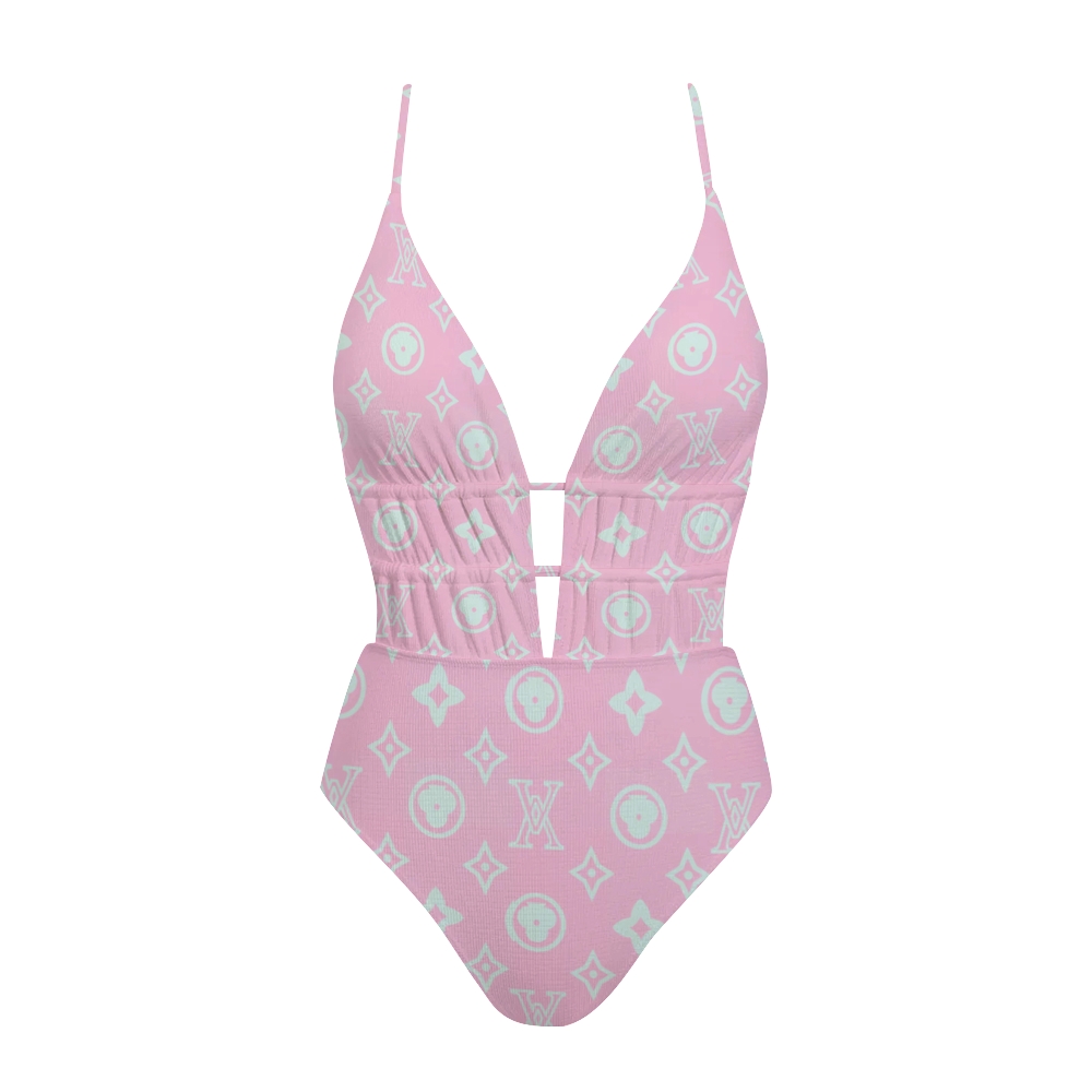 Pink Mint Monogram Print Plunge One-Piece Swimsuit
