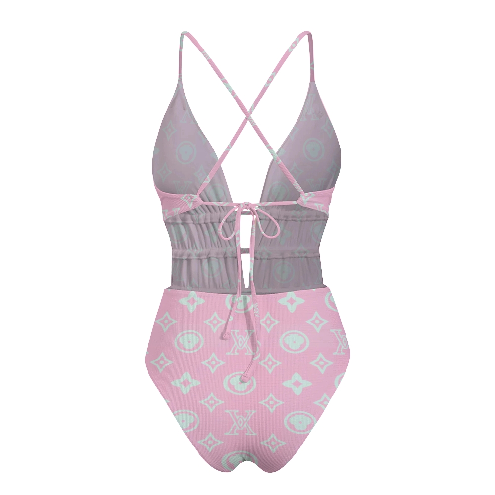 Pink Mint Monogram Print Plunge One-Piece Swimsuit