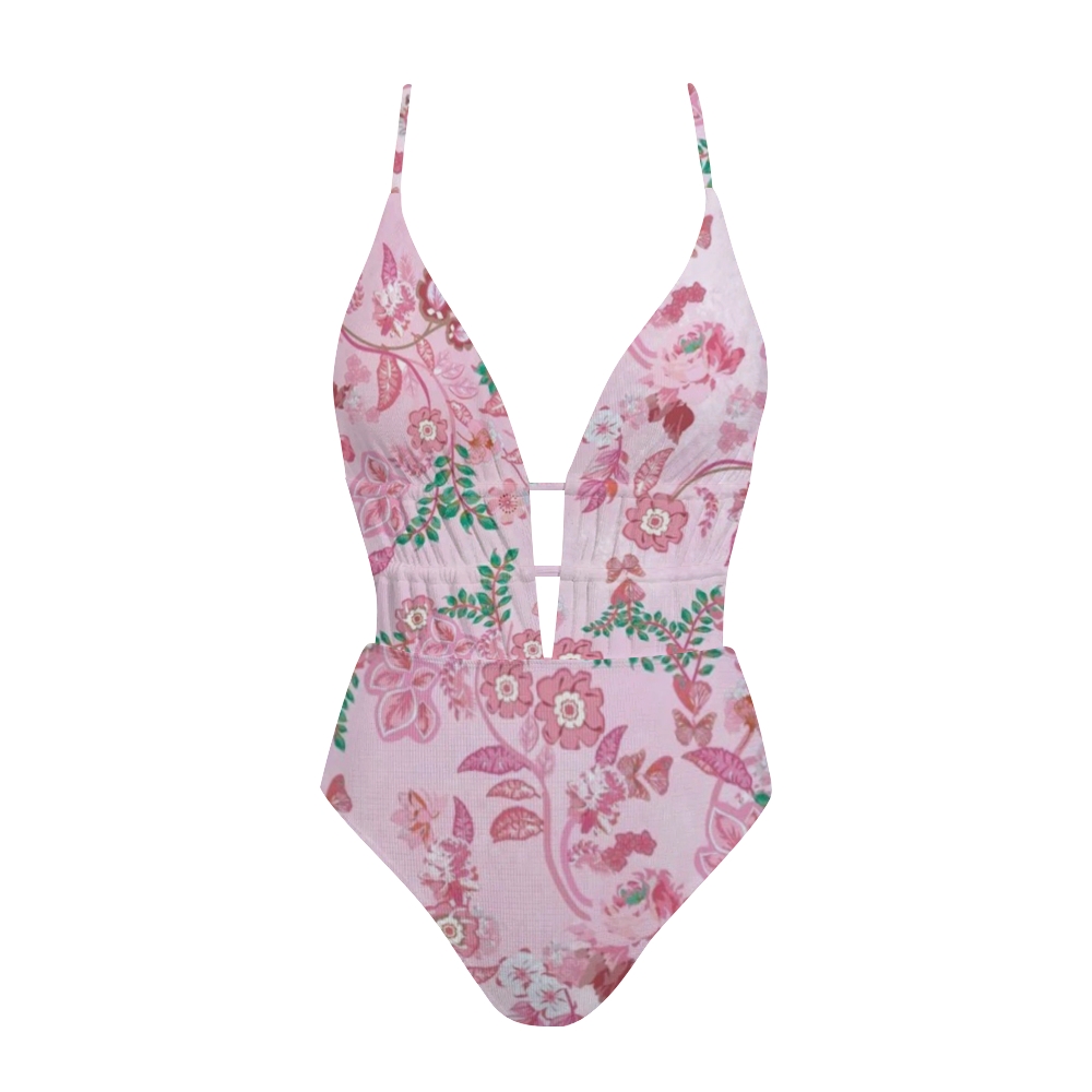 Pink Floral Butterfly Print Plunge One-Piece Swimsuit